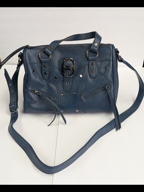 Jessica Simpson Blue Leather Satchel Studded Moto Bag Crossbody Shoulder Purse